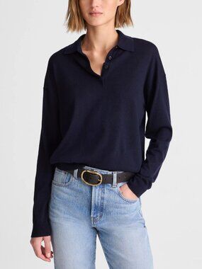 Madewell Drop Shoulder Classic Polo Relaxed Sweater Merino Wool Navy Size S NWT